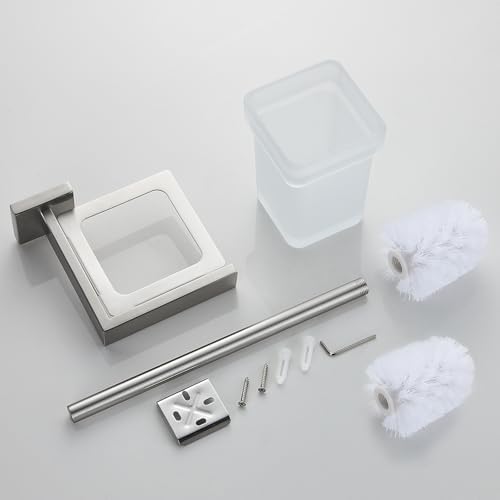 TINYROW Toilet Brush with Glass Holder and Brushed Nickel Mount