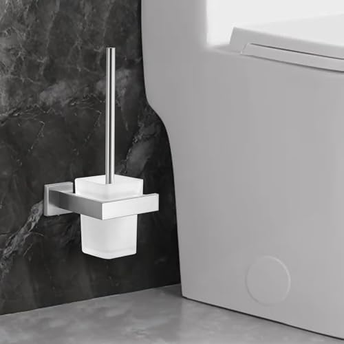 TINYROW Toilet Brush with Glass Holder and Brushed Nickel Mount