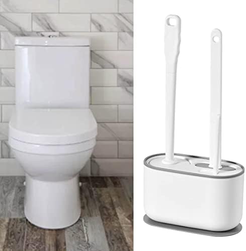 HERCHR Long Handle Toilet Brush and Holder Set - White Deep Cleaning