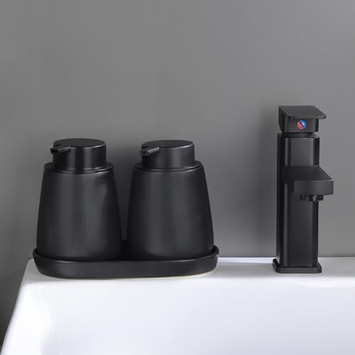 Eyrozia 2 Pack Matte Black Soap Dispenser Tray - 8 Ceramic Vanity Organizer Set