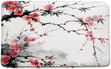 Japanese Floral Bath Mat 16X24 Inch Red Cherry Blossom