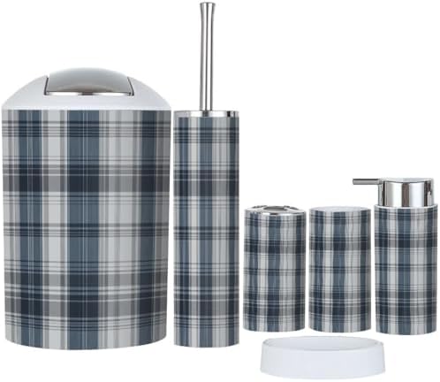 Boho Blue Grey Plaid Bathroom Accessory Set 6 Piece