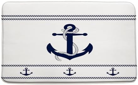 Nautical Anchor Bath Mat Navy Blue White Striped