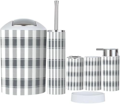 Boho Bathroom Accessory Set 6 Piece in Grey and White Plaid