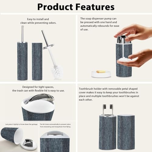 Boho Black Denim Texture Bathroom Accessories Set 6 Piece