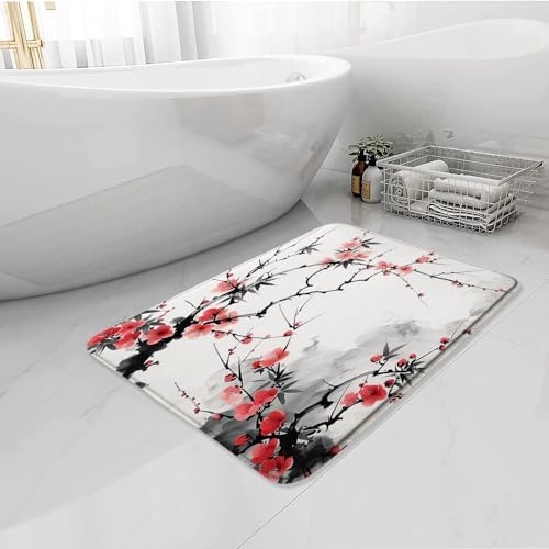 Japanese Floral Bath Mat 16X24 Inch Red Cherry Blossom