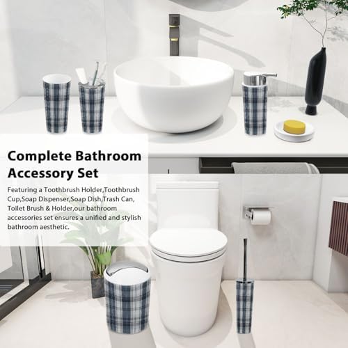 Boho Blue Grey Plaid Bathroom Accessory Set 6 Piece