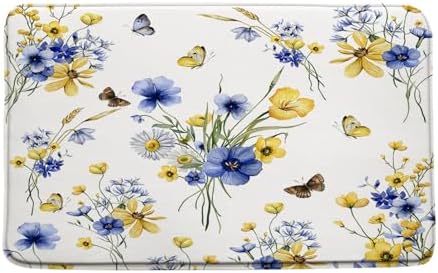 Yellow Blue Flower Bath Mat 16x24 Inches Rustic