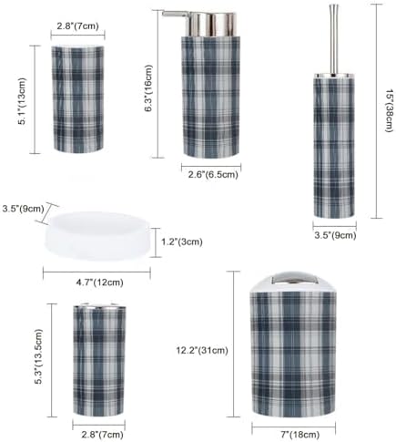 Boho Blue Grey Plaid Bathroom Accessory Set 6 Piece