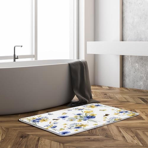 Yellow Blue Flower Bath Mat 16x24 Inches Rustic