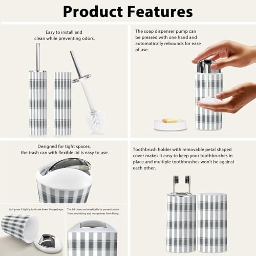 Boho Bathroom Accessory Set 6 Piece in Grey and White Plaid