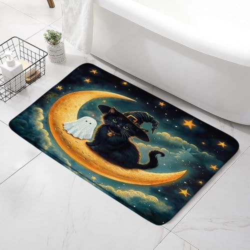 Halloween Witch Cat Bath Mat with Non-Slip Backing