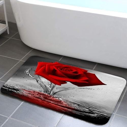 JAWO Red Rose Bath Mat Non-Slip Black Flannel 17x29
