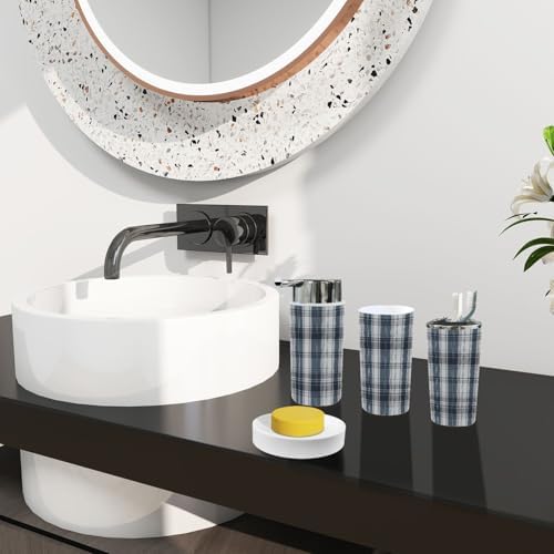Boho Blue Grey Plaid Bathroom Accessory Set 6 Piece