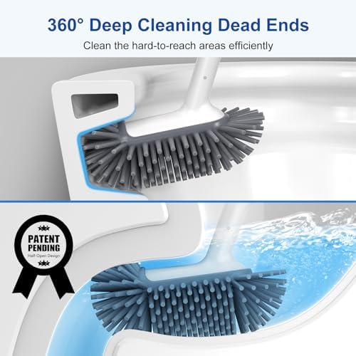 HAMITOR Toilet Brush Holder Set with Curved Bristle and Silicone Head