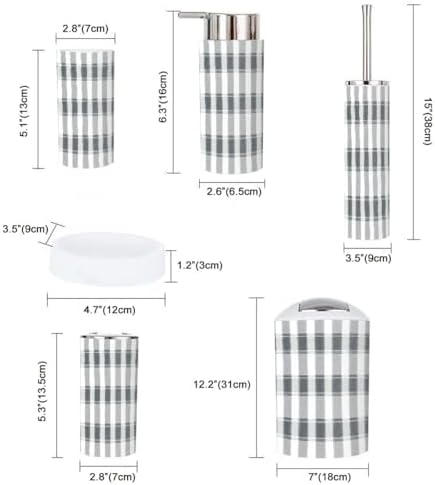 Boho Bathroom Accessory Set 6 Piece in Grey and White Plaid