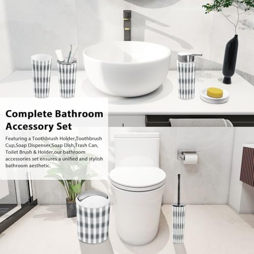 Boho Bathroom Accessory Set 6 Piece in Grey and White Plaid
