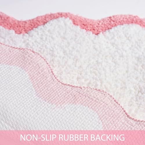White Bath Mat with Pink Scalloped Edge 30x20