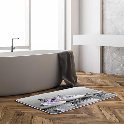 Purple Butterfly Bath Mat with Cherry Blossom Design