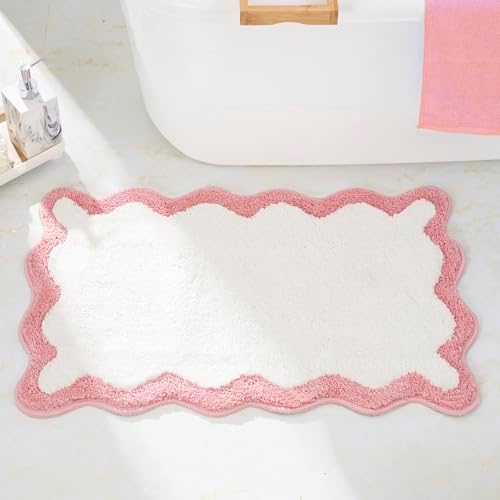 White Bath Mat with Pink Scalloped Edge 30x20