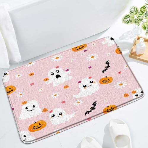 Halloween Ghost Floral Bath Mat Pink Funny Spooky