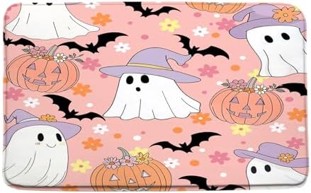 Spooky Halloween Ghost Bath Mat Pink Boho Cute