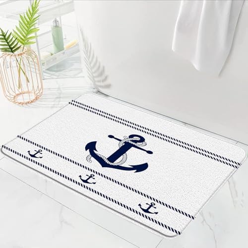 Nautical Anchor Bath Mat Navy Blue White Striped