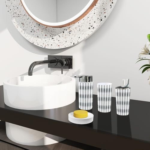 Boho Bathroom Accessory Set 6 Piece in Grey and White Plaid