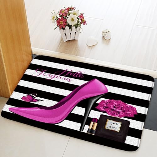 Black White Stripe Geometric Bath Mat 16x24 Inch