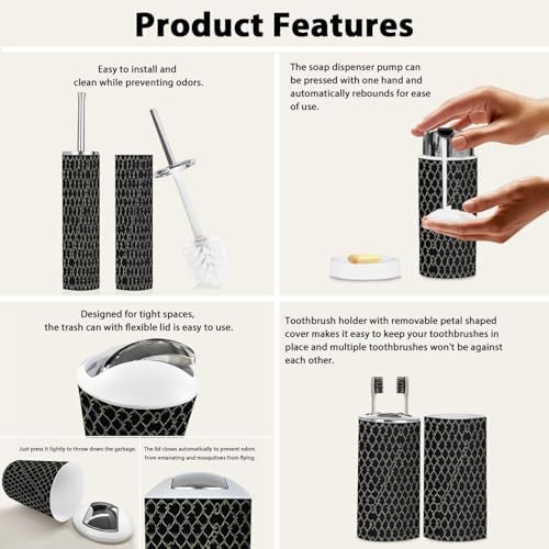 Boho Bathroom Accessory Set 6 Piece with Thai Style Flower Design