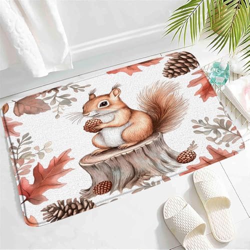 Fall Squirrel Bath Mat with Non-Slip Backing