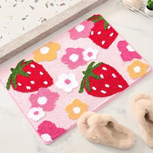 AEIOFU Strawberry Flower Bath Mat 16x24 Non Slip