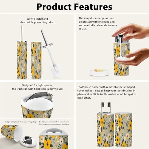 Boho Floral Yellow Bathroom Accessory Set 6 Piece