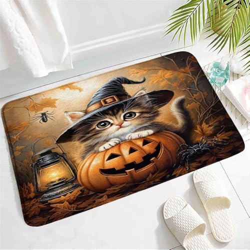 Fall Kitten Bath Mat with Wizard Hat Design
