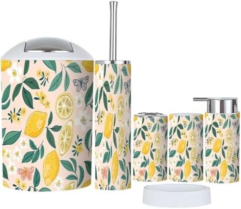 6-Piece Boho Bathroom Accessory Set with Lemons Flowers and Butterflies Design