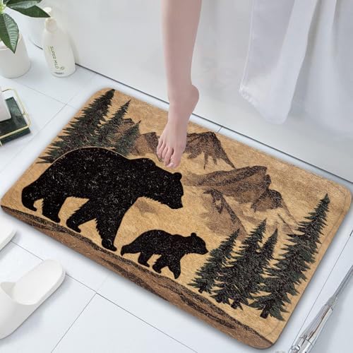 JAWO Rustic Farmhouse Bear Forest Bath Mat 16x24 Non-Slip
