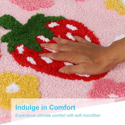 Cute Strawberry Flower Bath Mat Pink Bathroom Rug