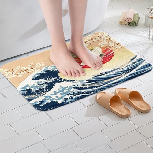 Feelyou Japanese Wave Bath Rug 20x32 Cherry Blossom Design