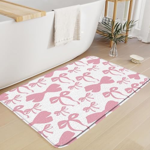 Pink Bow Bath Rug 16x24 Inch Microfiber Memory Foam