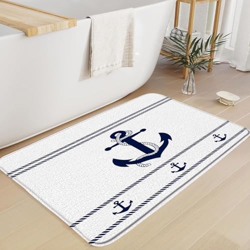 Nautical Anchor Bath Mat Navy Blue White Striped