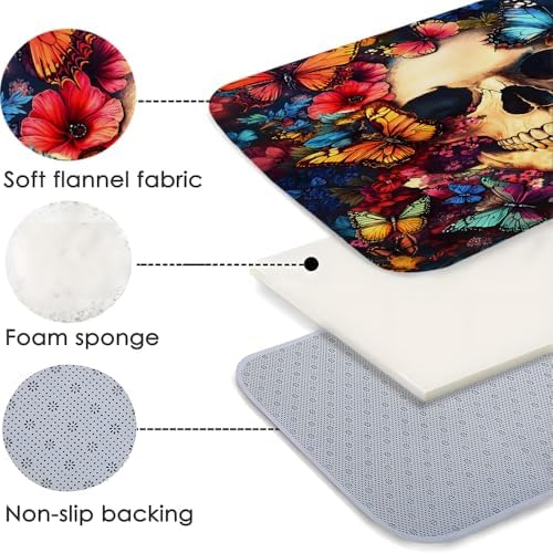 Gothic Skull Butterfly Bath Mat - Non-Slip Dark Floral Design