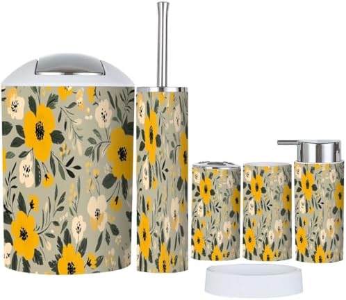 Boho Floral Yellow Bathroom Accessory Set 6 Piece