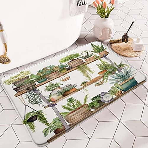 Boho Green Plant Bathroom Rug with Succulents Design