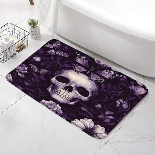 Purple Floral Skull Bath Mat - Gothic Dark Flower Rug 24x16 Inch