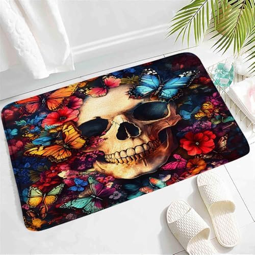 Gothic Skull Butterfly Bath Mat - Non-Slip Dark Floral Design