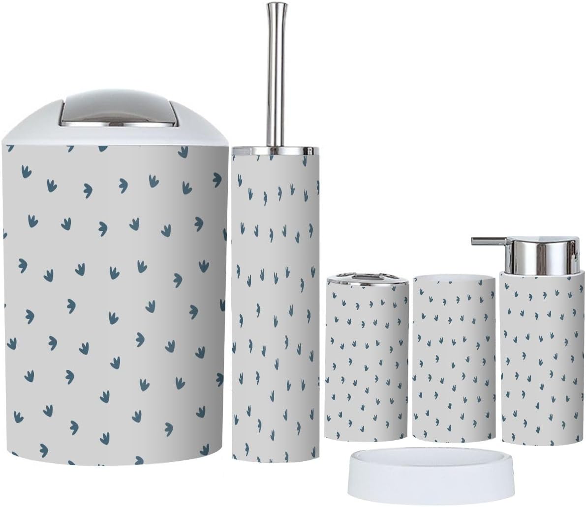 Boho Dinosaur Footprints Gray Bathroom Accessories Set 6 Piece
