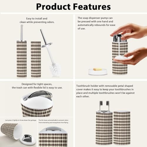 Boho 6-Piece Bathroom Accessory Set in Brown Houndstooth