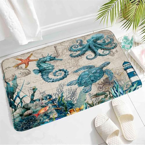 Nautical Turtle Bath Mat - Non-Slip Waterproof 24x16 Inch