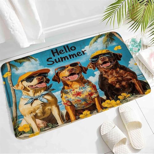 Funny Beach Dogs Bath Mat - Tropical Nautical Animals Rug