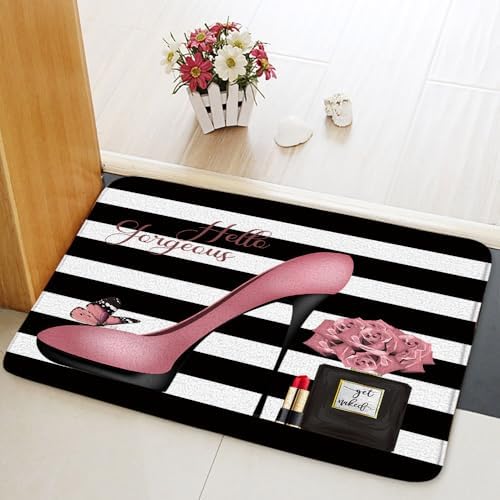 Black White Stripe Bath Mat with Rose Floral Design